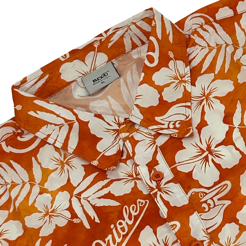 BDA Baltimore Orioles Shirt Mens XL Orange Floral MLB Tropical Button Up